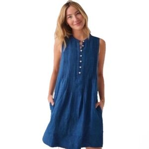 Faherty Women Isha Basketweave Sleeveless Dress Indigo Blue Shift Linen Pocket L
